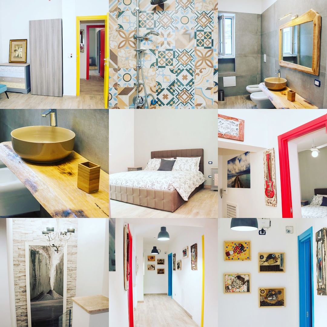 A collage of interior spaces showing colorful doors, a patterned tile shower wall, wooden furnishings, a brass sink basin, a bedroom, and a gallery wall with artwork throughout the property.